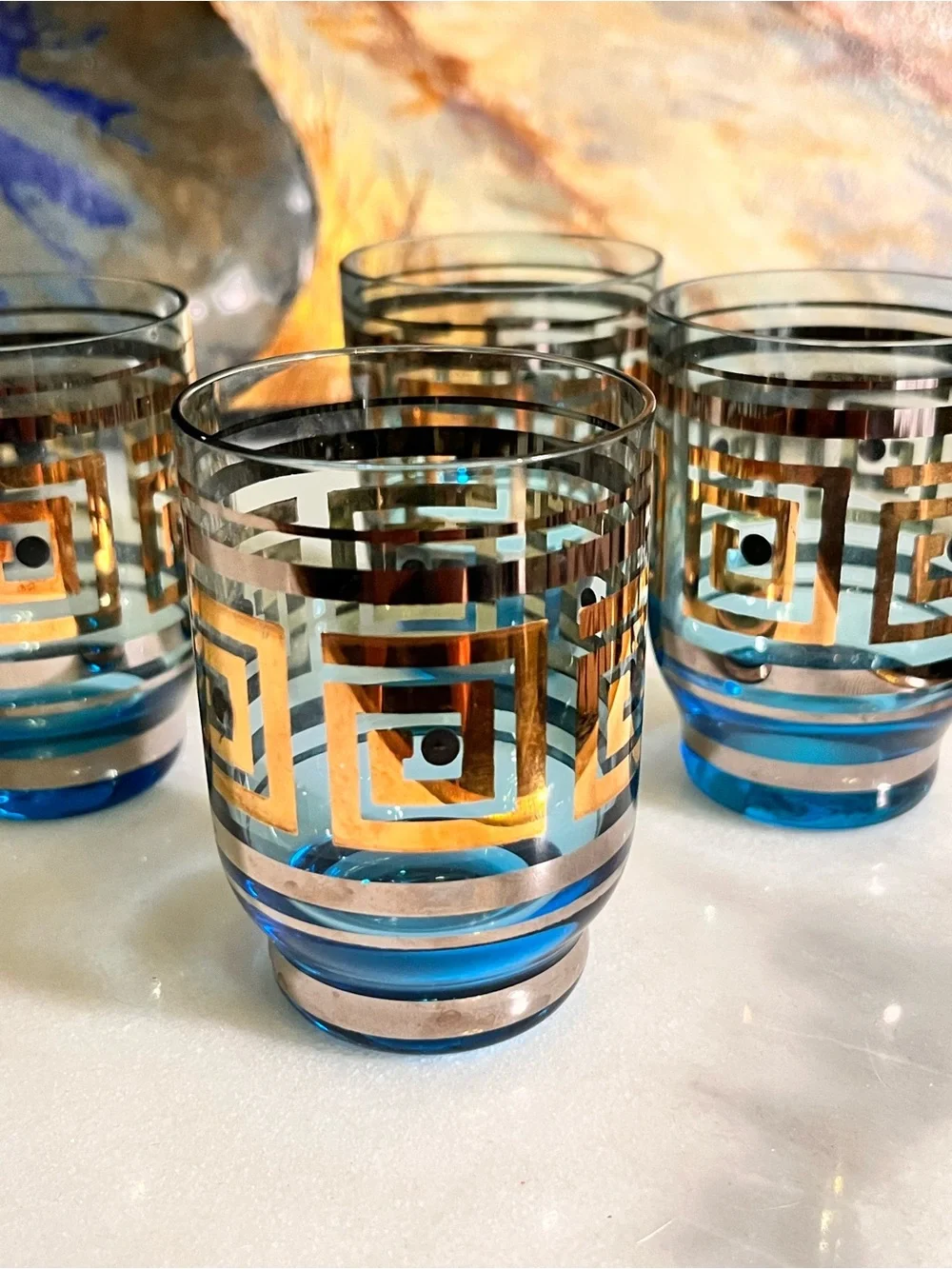 MCM style footed cocktail glasses (4) blue gold silver barware retro Greek key